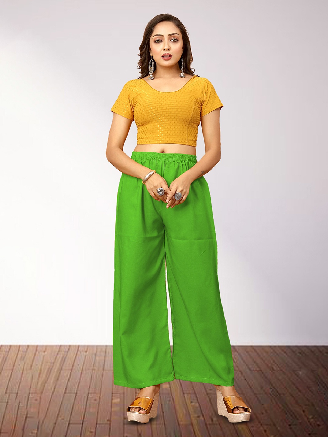 

N N ENTERPRISE Women Wide Leg Regular Crepe Palazzos, Green