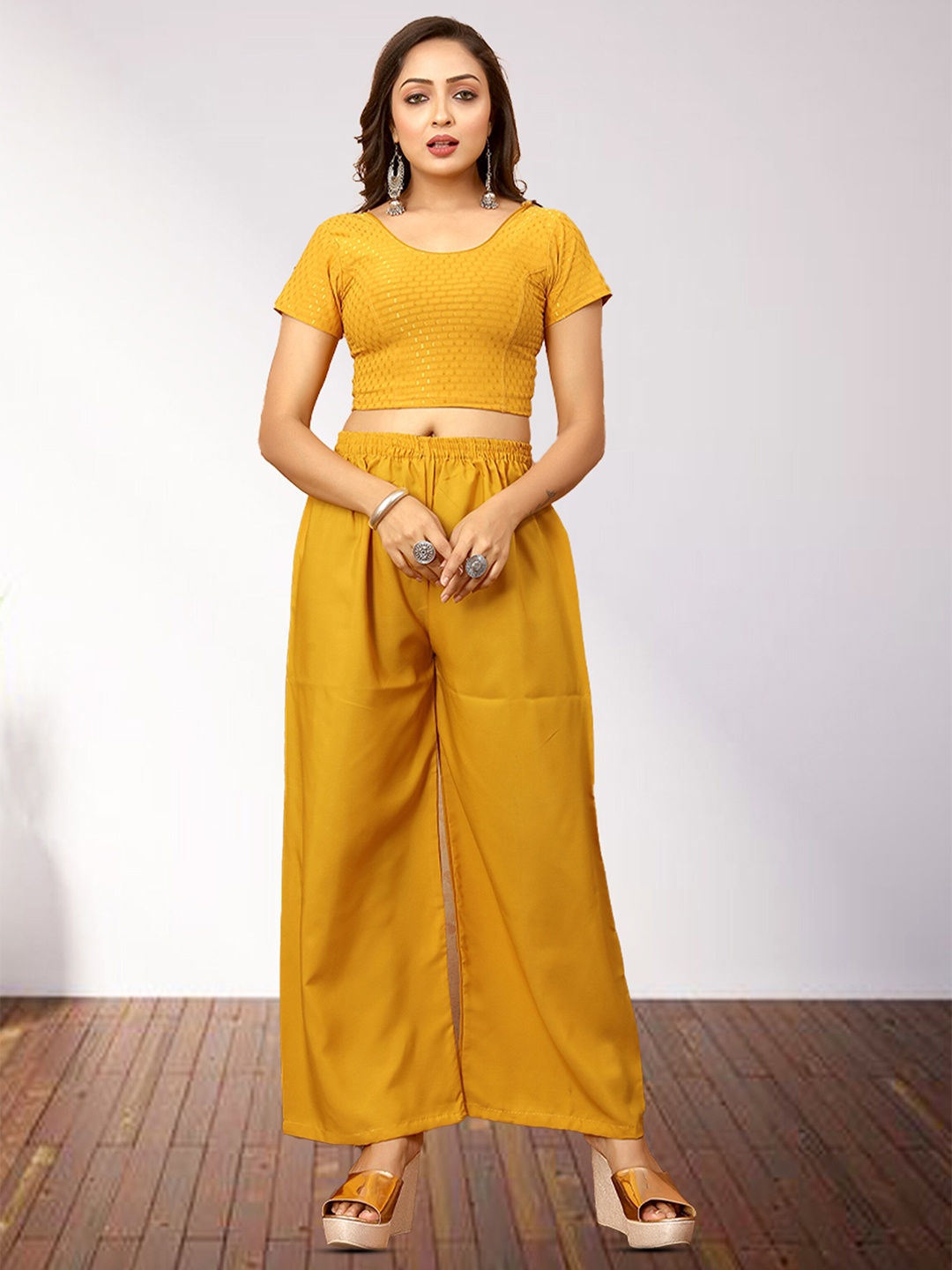 

N N ENTERPRISE Women Wide Leg Regular Crepe Palazzos, Yellow