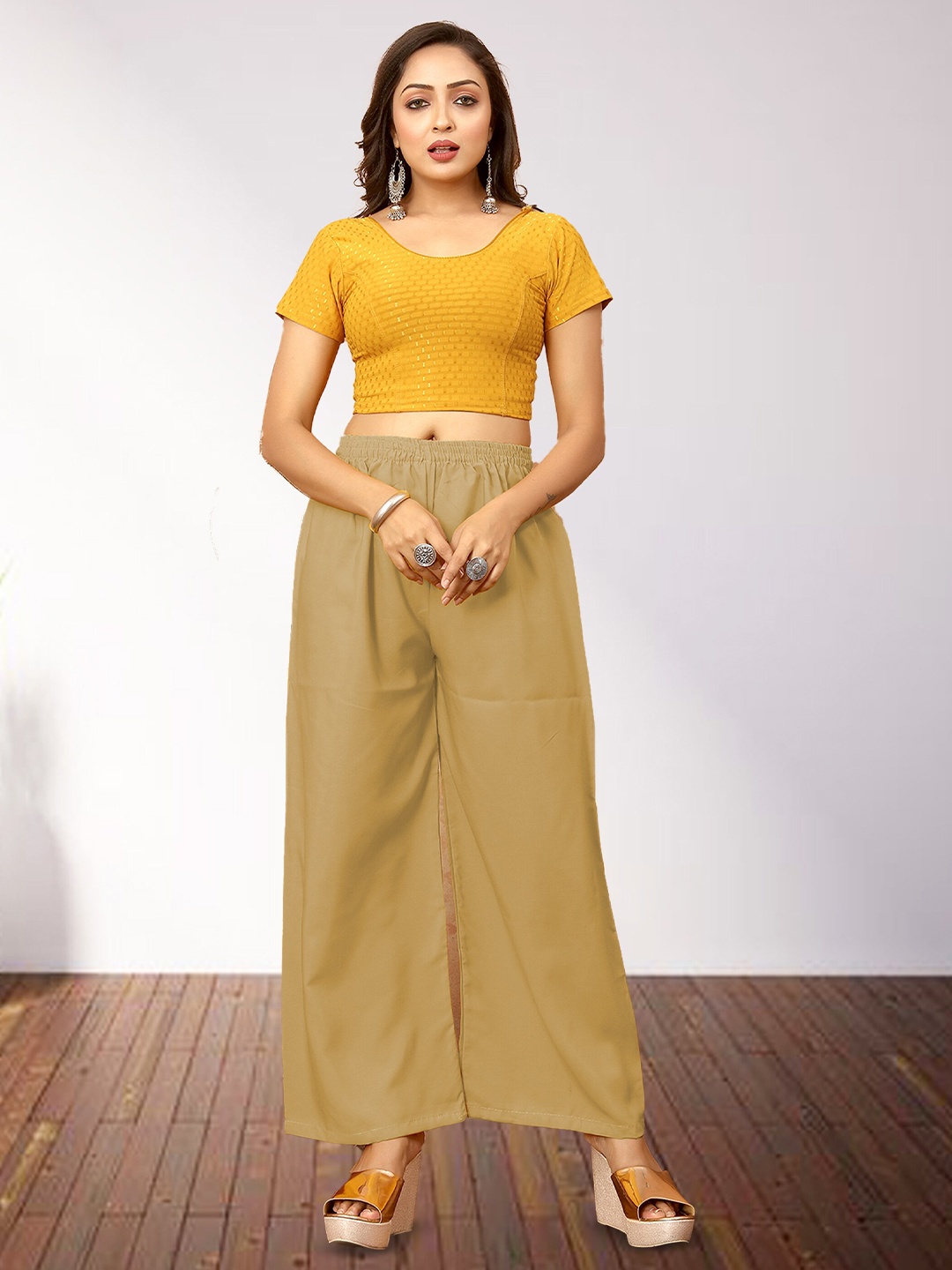 

N N ENTERPRISE Women Wide Leg Regular Crepe Palazzos, Cream