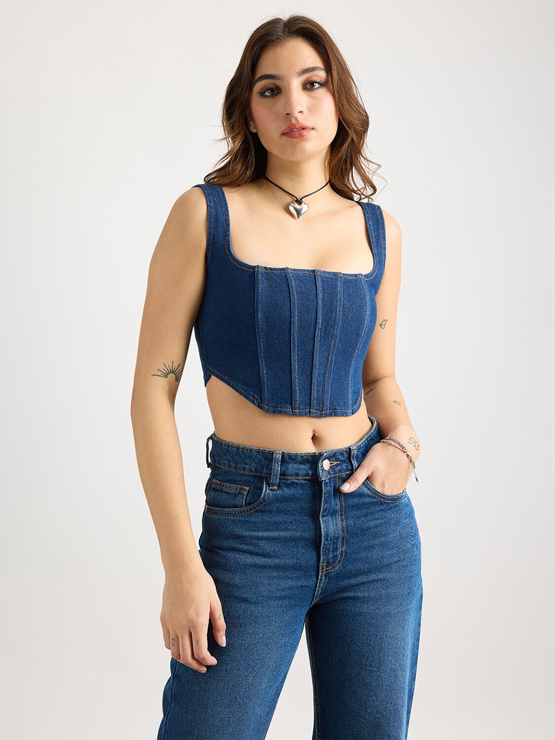 

FREAKINS Blue Self Design Cotton Crop Fitted Denim Top