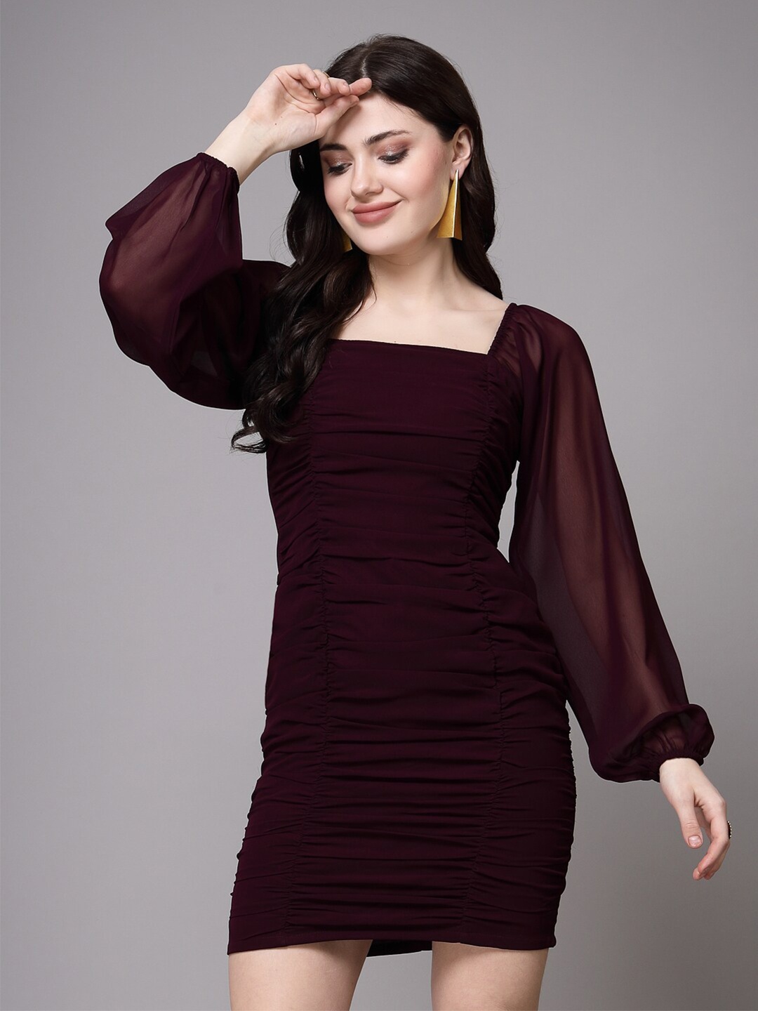 

aayu Square Neck Puff Sleeve Georgette Bodycon Mini Dress, Purple