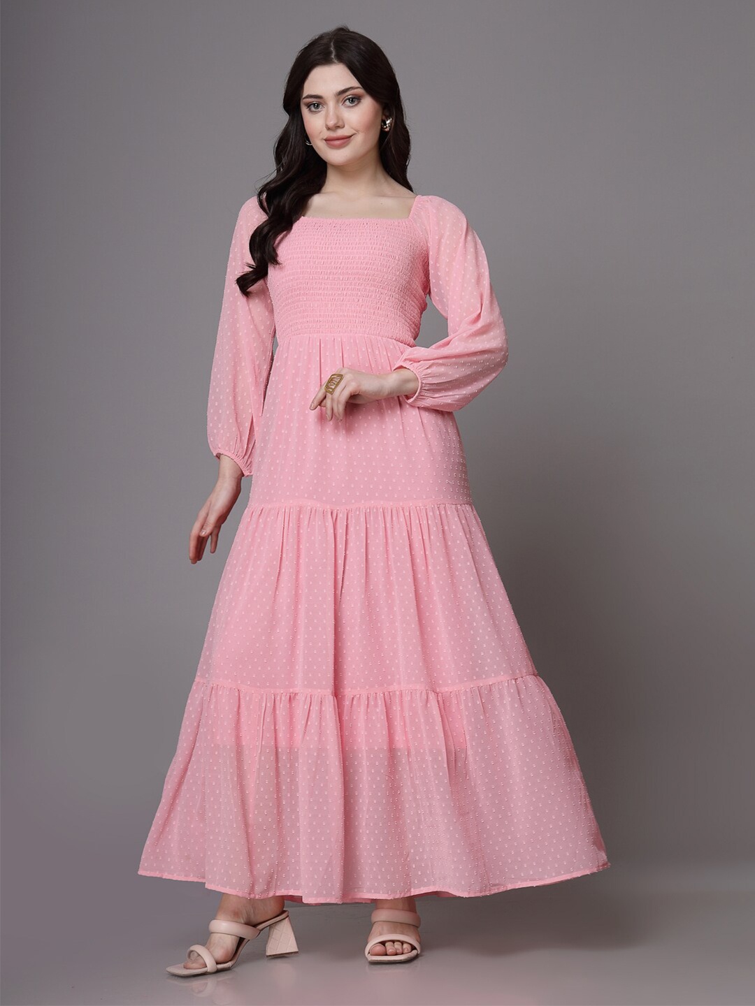 

aayu Self Design Square Neck Puff Sleeve Smocked Tiered Georgette Maxi Dress, Pink