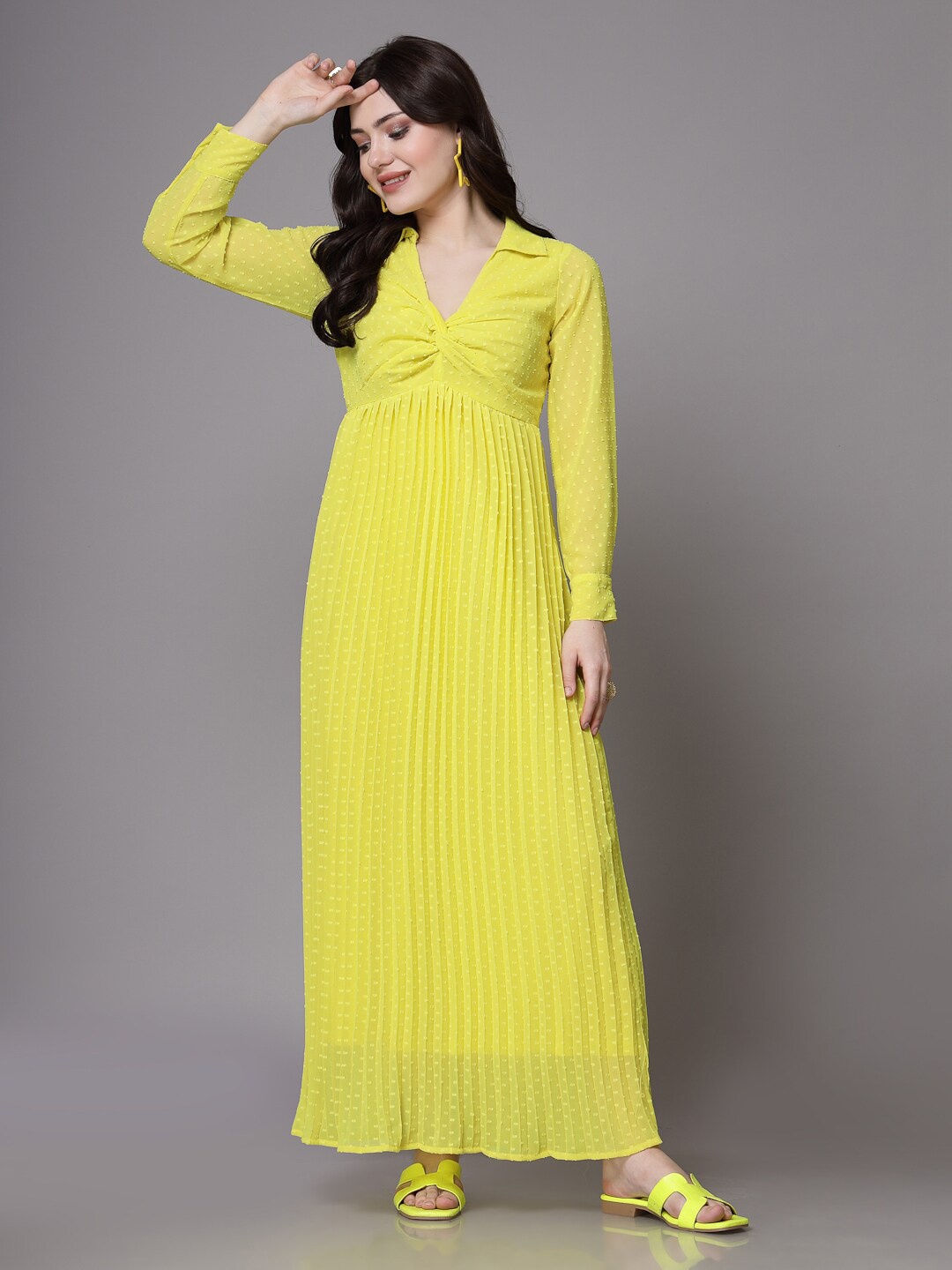 

aayu Self Design Shirt Collar Long Sleeves Gathered Accordion Pleated Georgette Maxi Dress, Yellow