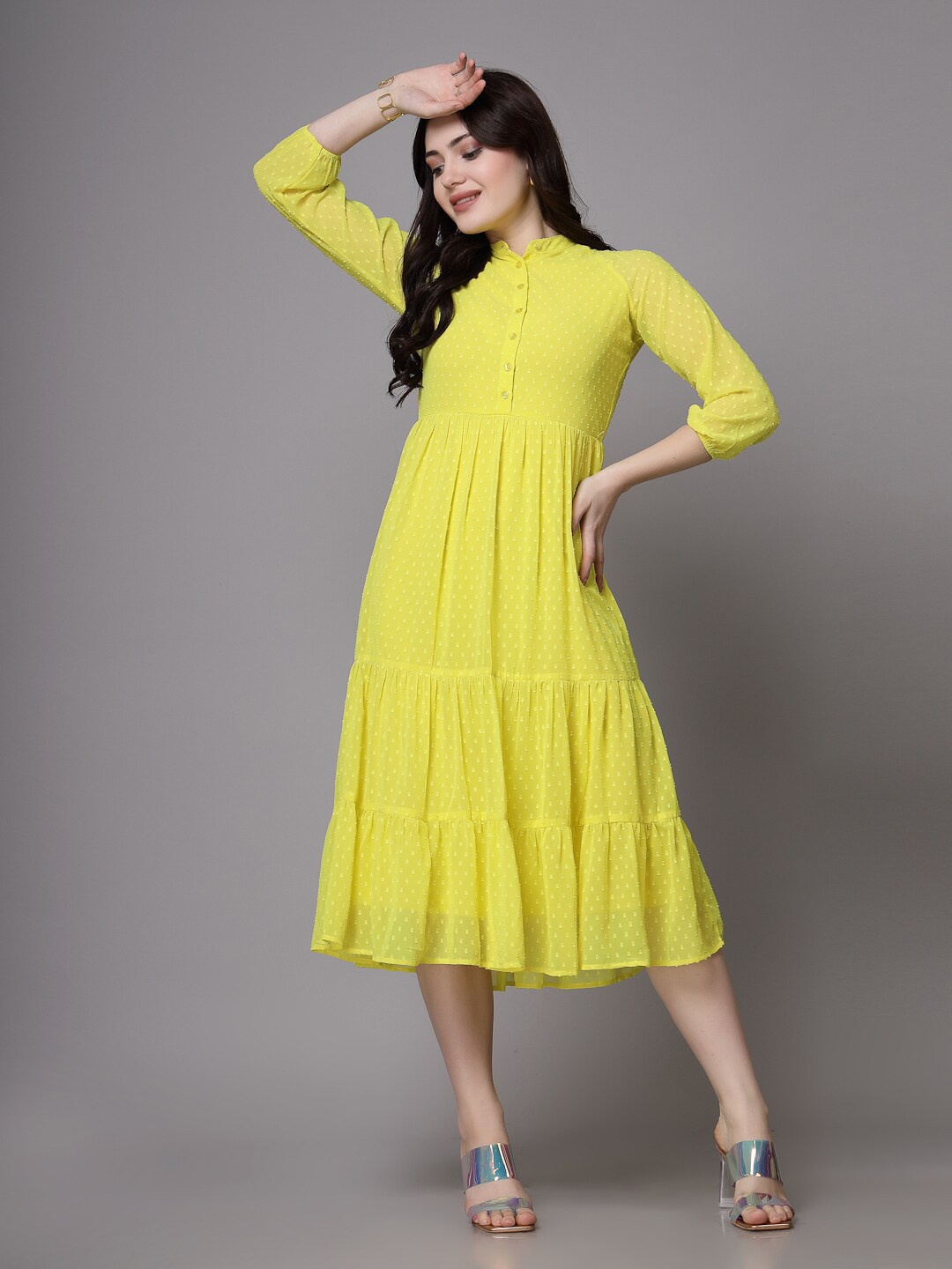 

aayu Self Design Mandarin Collar Gathered Tiered Georgette A-Line Midi Dress, Yellow