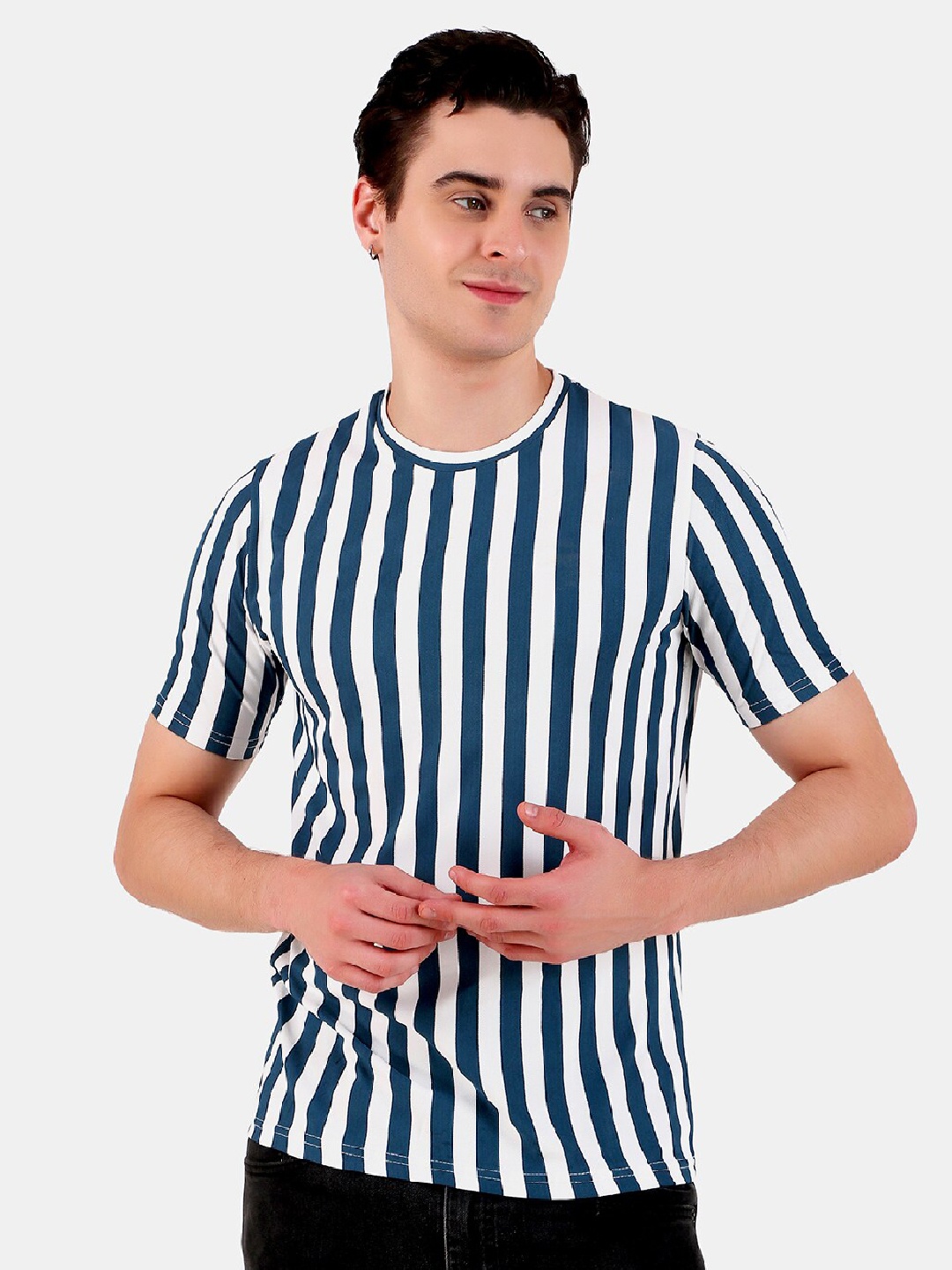 

WELL QUALITY Round Neck Striped Short Sleeves T-shirt, Blue