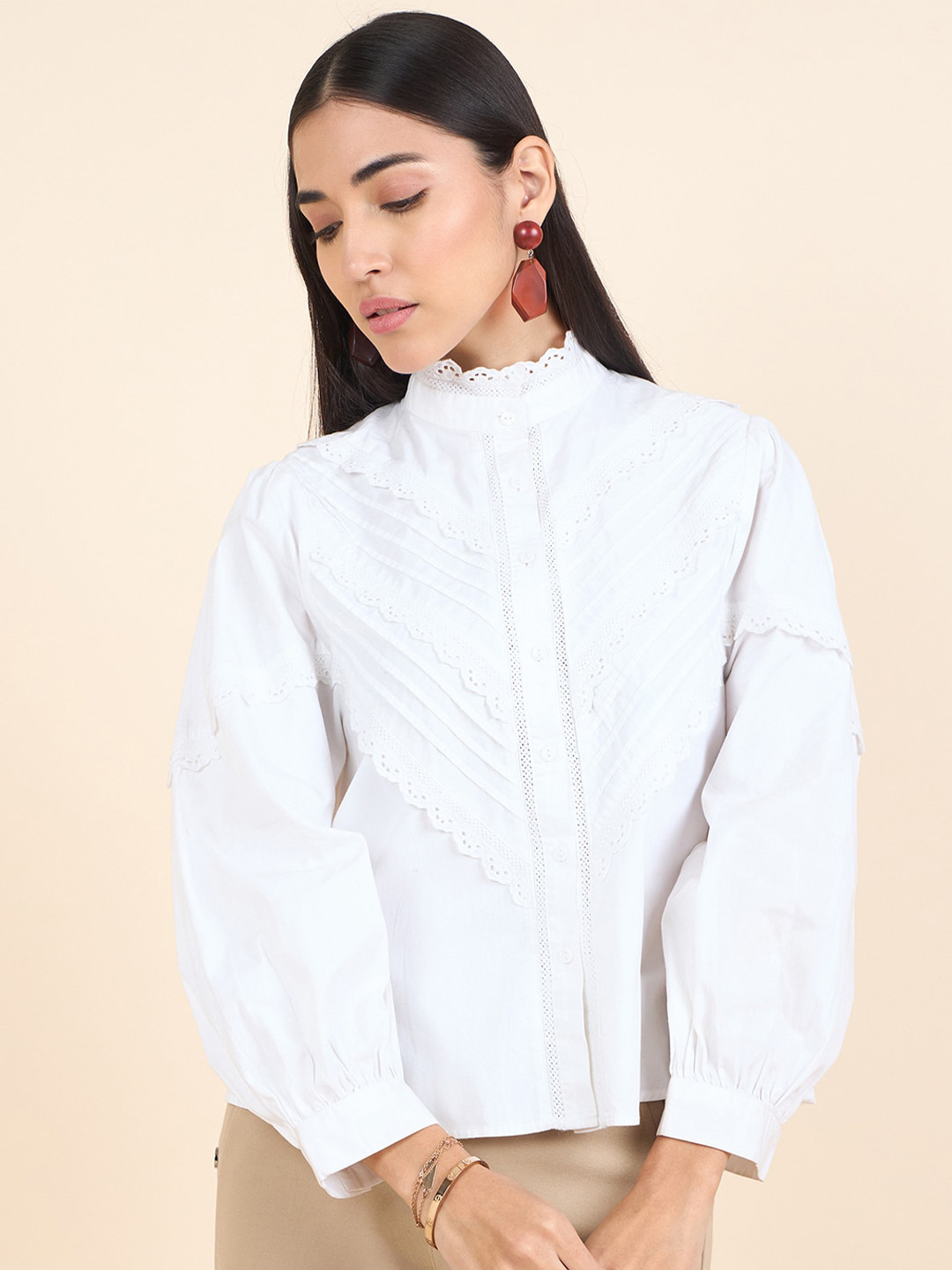 

Gipsy New Mandarin Collar Self Design Cotton Casual Shirt, White