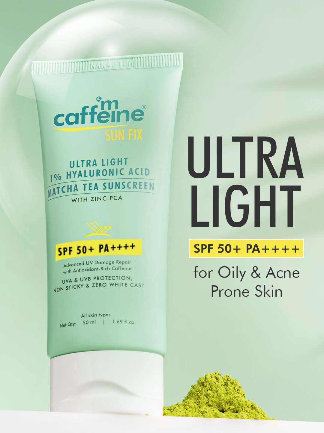 

MCaffeine Ultra Light SPF50+ PA++++ Matcha Tea Sunscreen with Hyaluronic Acid - 50 ml, Green