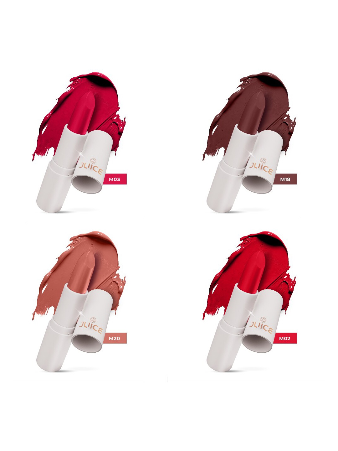 

JUICE Kiss Sensation Set Of 4 Long Lasting Lipsticks - 16 gm Each - M02-M03-M18-M20, Red