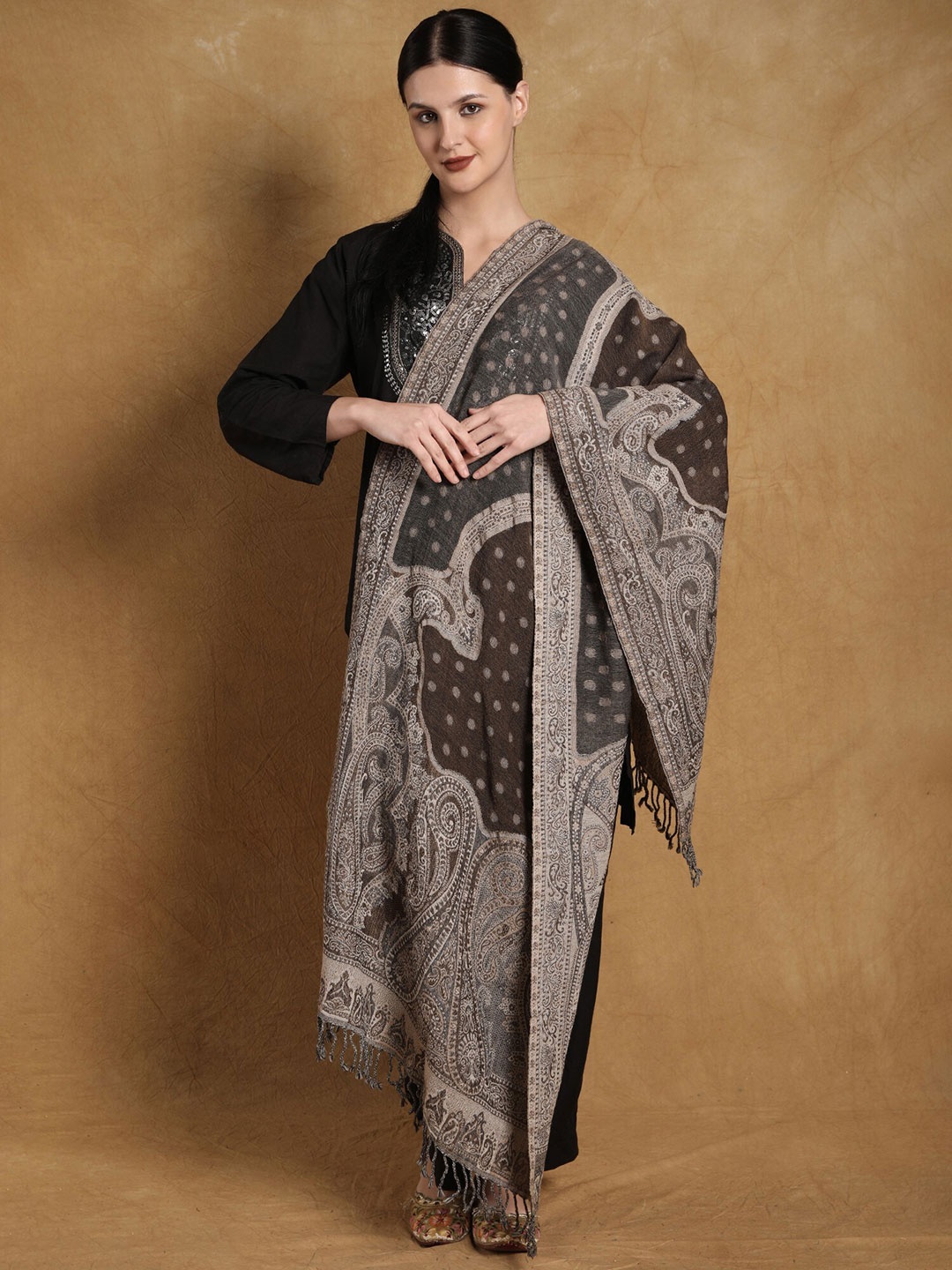 

Exotic India Chocolate Chip Pure Wool Cutwork Jamawar Stole with Woven Paisleys and Bootis, Black