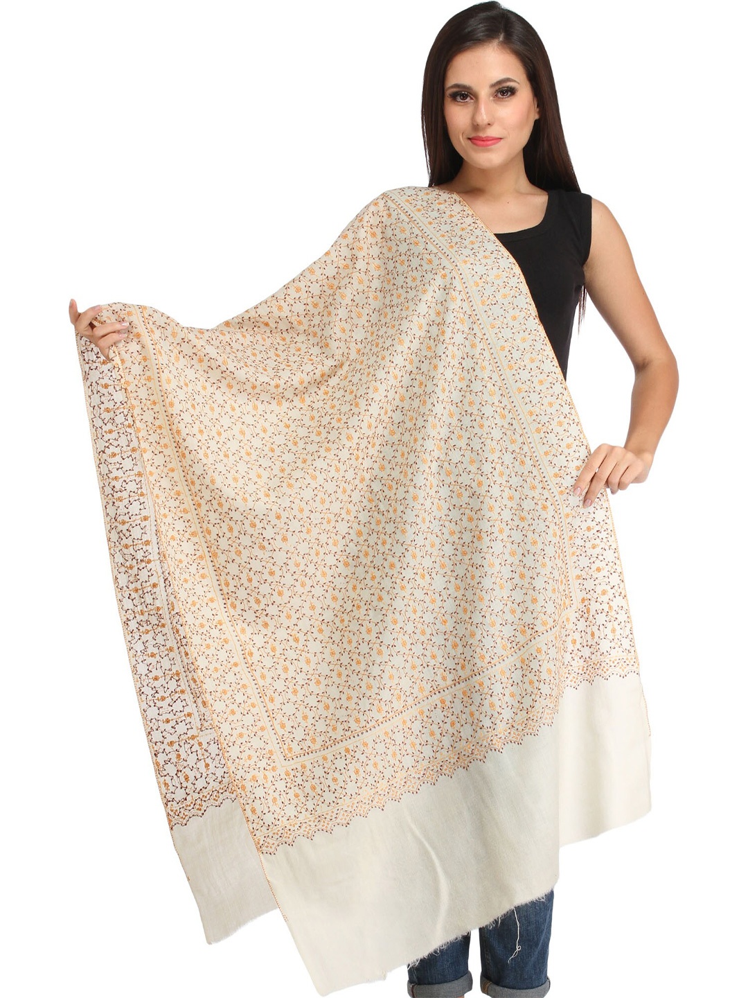 

Exotic India Jaal Hand Embroidered Pure Woolen Stole, Cream