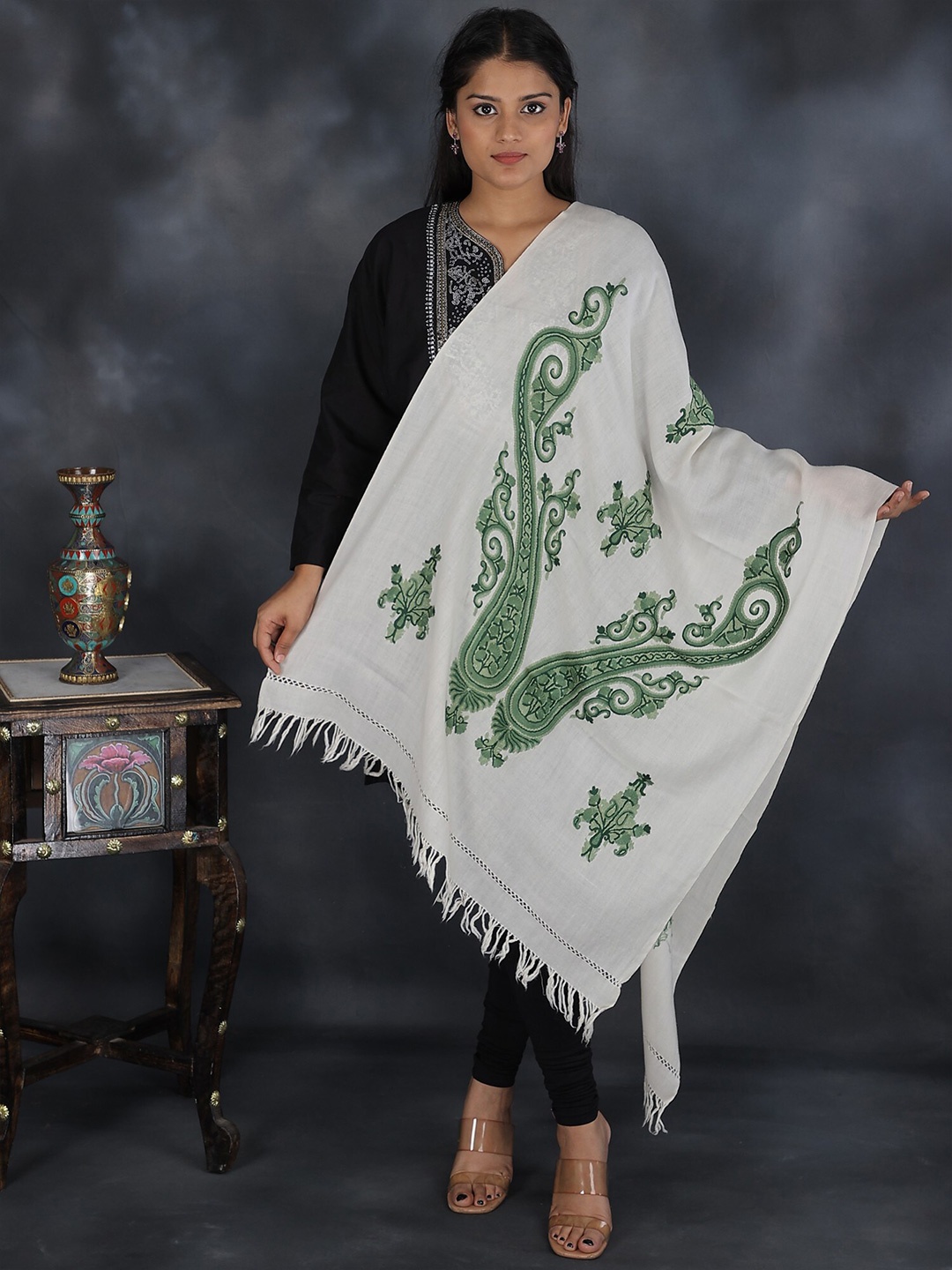 

Exotic India Ivory Aari Hand Embroidered Paisleys Pure Wool Kashmiri Stole, Cream