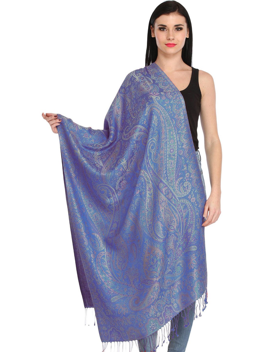 

Exotic India Paisley Woven Design Silk Stole, Blue