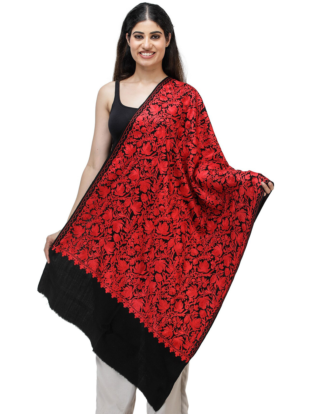 

Exotic India Embroidered Kashmir Woolen Stole, Black