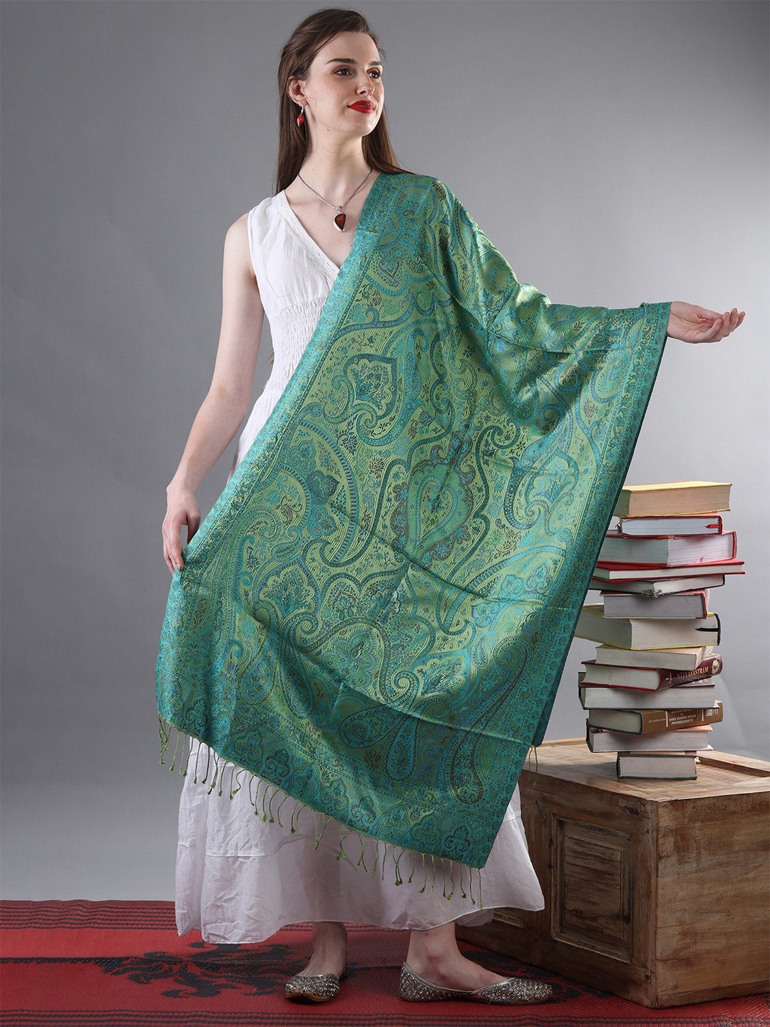 

Exotic India Ethnic Motifs Woven Design Silk Stole, Green