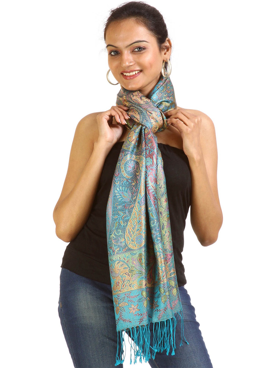 

Exotic India Turquoise Paisleys-Flowers Woven Reversible Super Silk Jamawar Stole, Blue