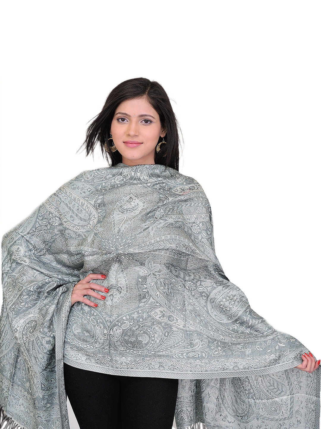 

Exotic India Glacier Gray Paisleys-Flowers Woven Reversible Super Silk Jamawar Stole, Grey