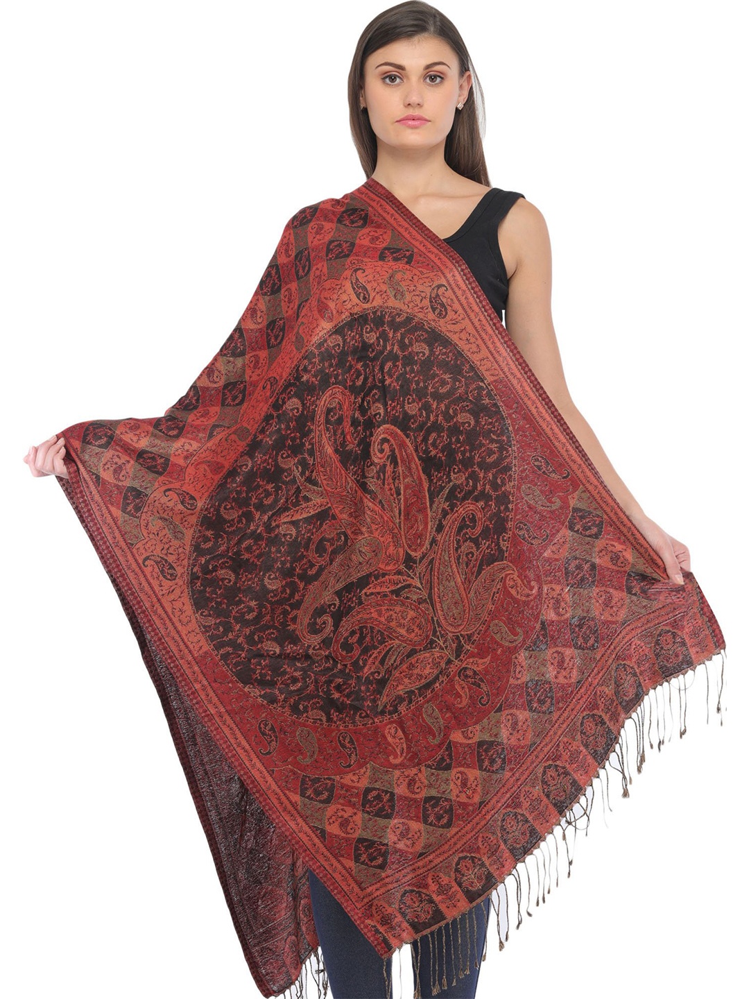 

Exotic India Redwood Paisleys-Flowers Woven Reversible Super Silk Jamawar Stole, Maroon