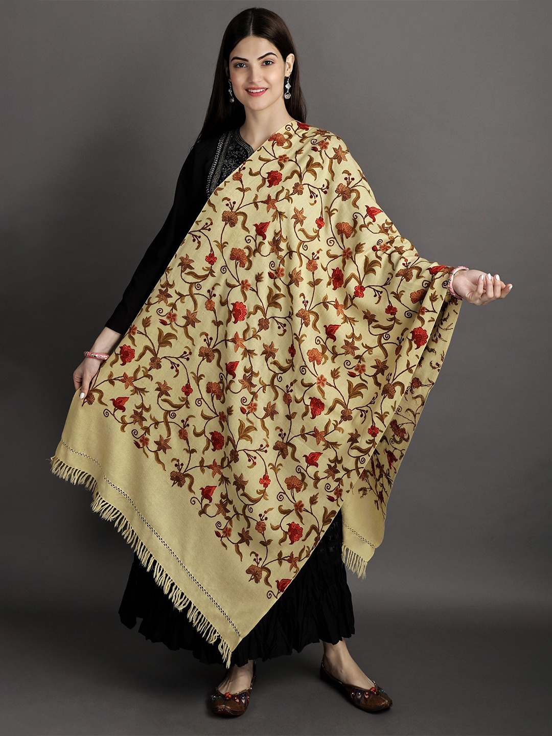 

Exotic India Lark Bird Aari Embroidered Flowers by Hand Pure Wool Kashmiri Stole, Beige