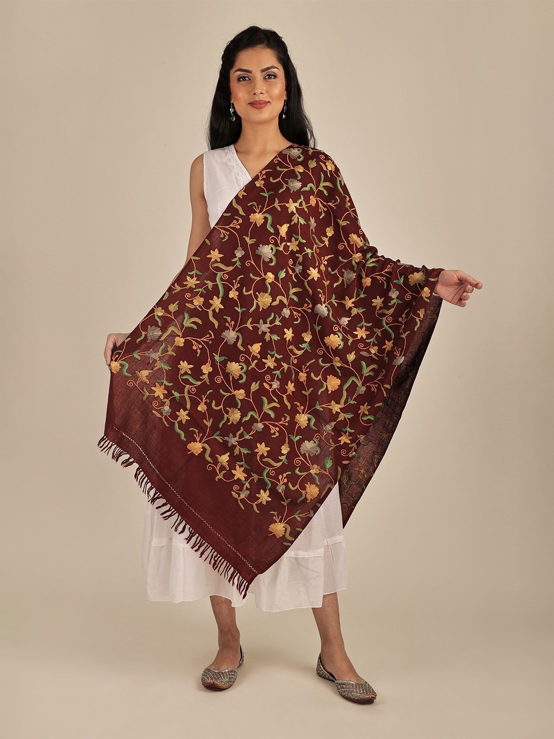 

Exotic India Rosewood Aari Embroidered Flowers by Hand Pure Wool Kashmiri Stole, Red