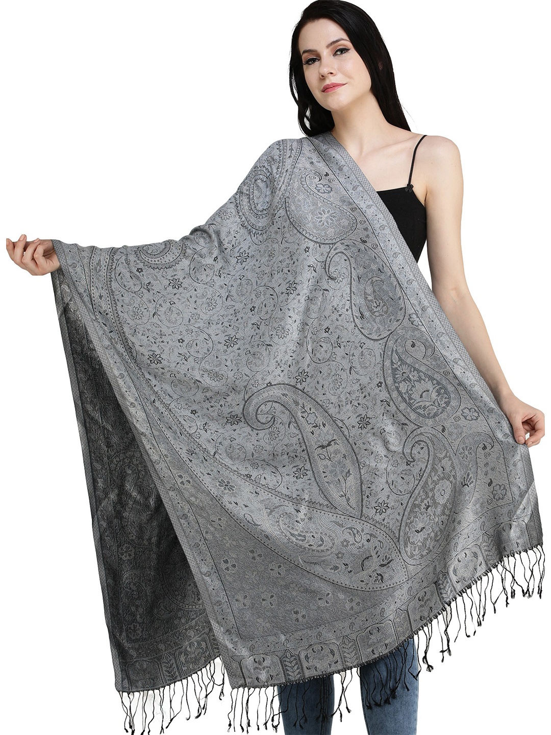 

Exotic India High Rise Paisleys-Flowers Woven Reversible Super Silk Jamawar Stole, Grey