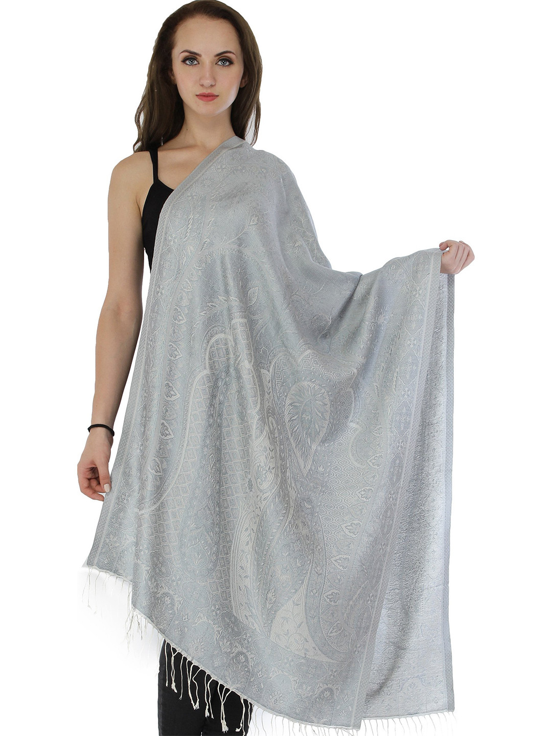 

Exotic India Woven Design Silk Jamawar Stole, Grey