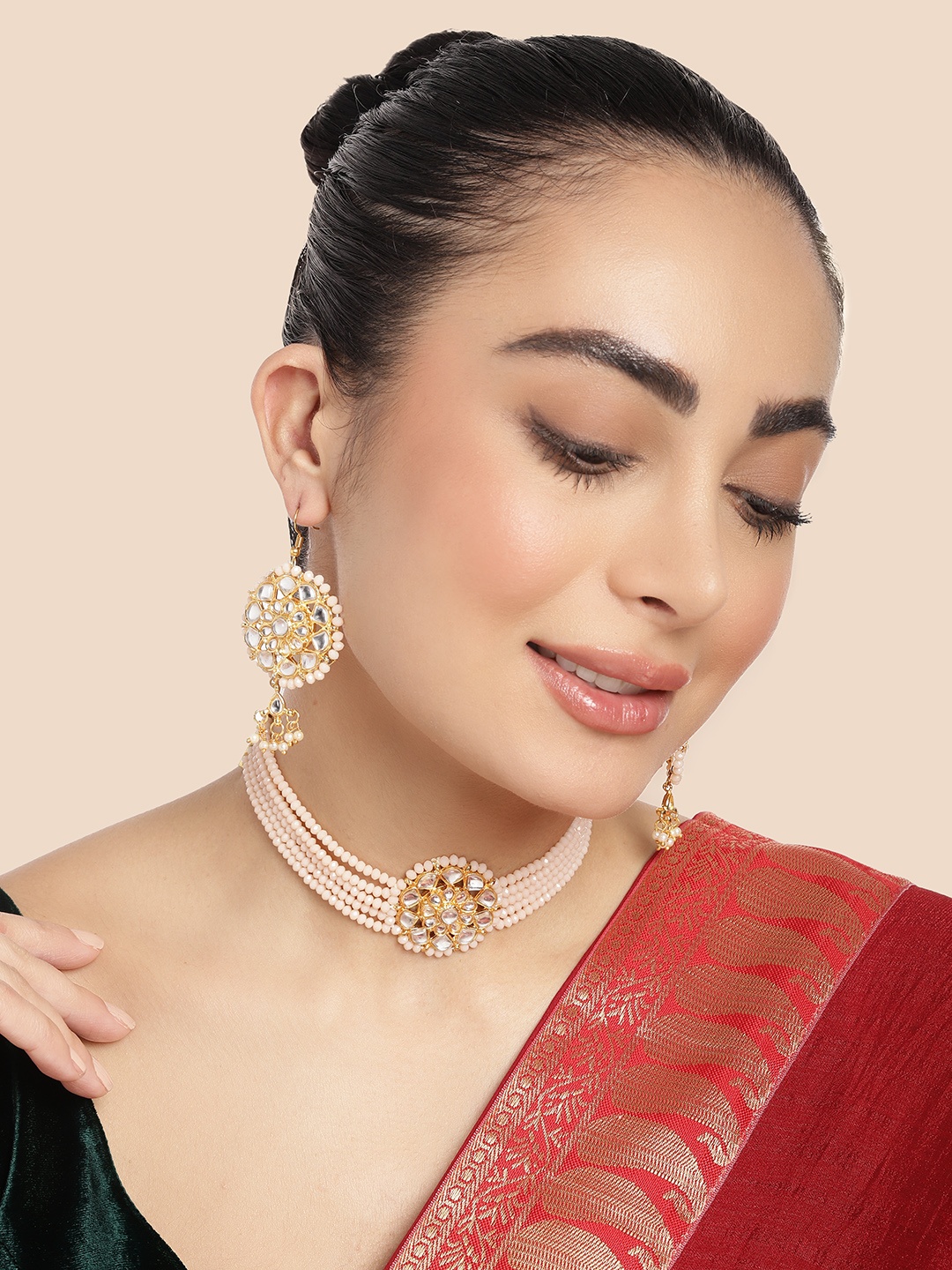 

House of Pataudi Gold-Plated Stones-Studded & Beaded Jewellery Set