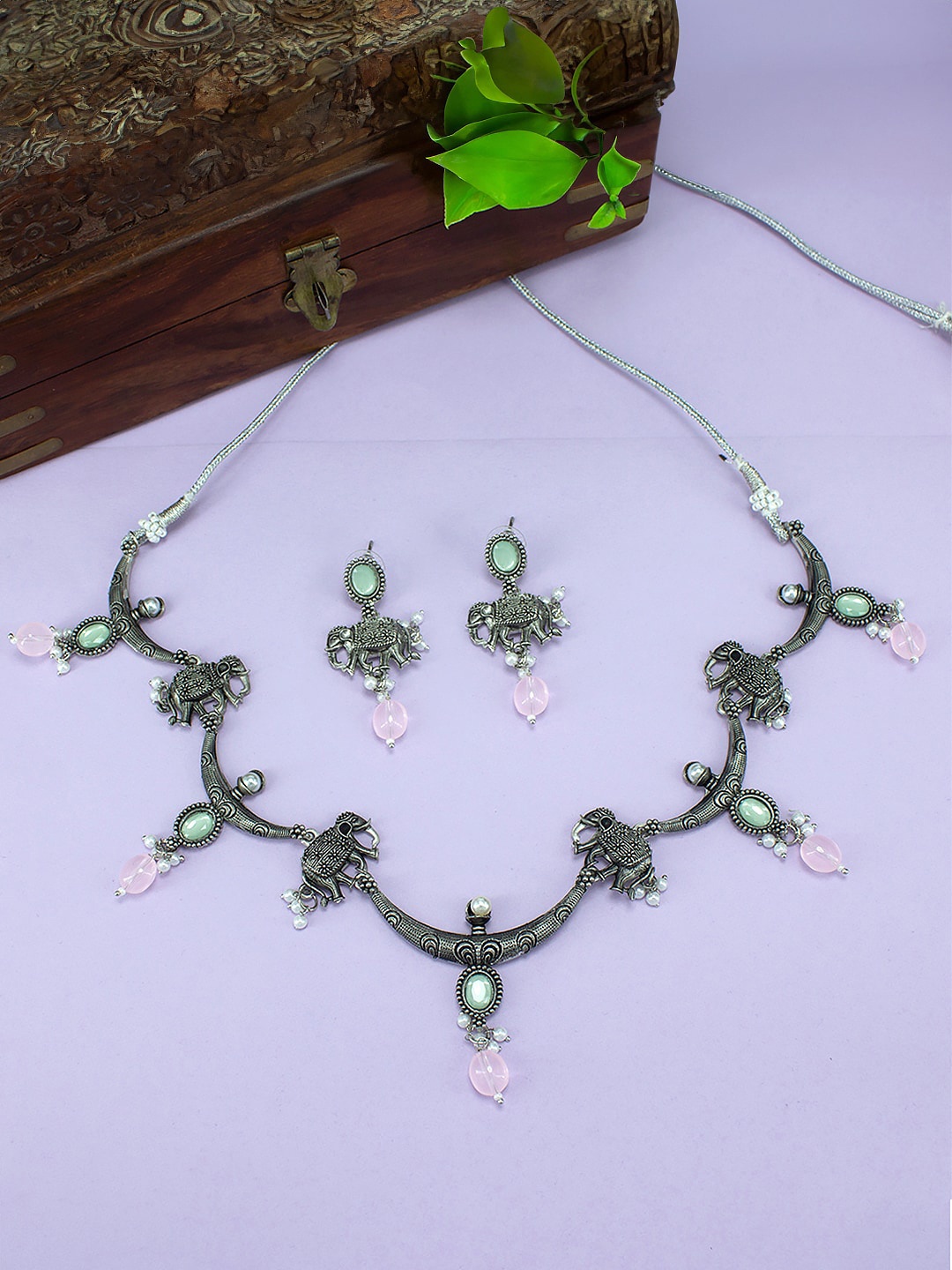 

PRIVIU Silver-Plated Stones-Studded & Beaded Oxidised Jewellery Set