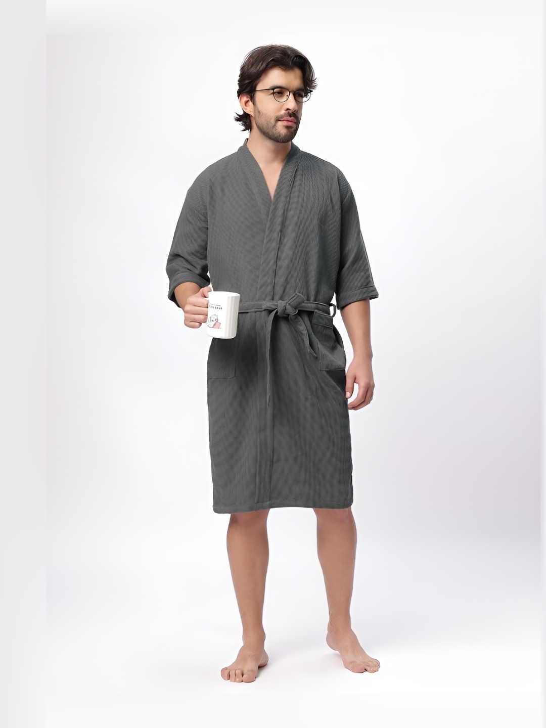 

LacyLook Men Waffle Shawl Collar Cotton Bathrobes, Grey