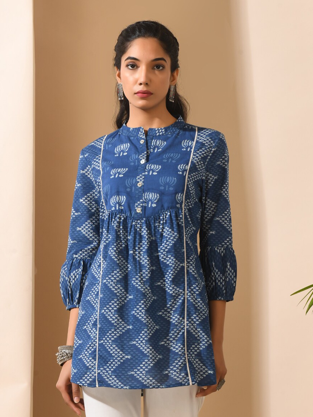 

MEESAN Printed Round Neck Tunic, Blue