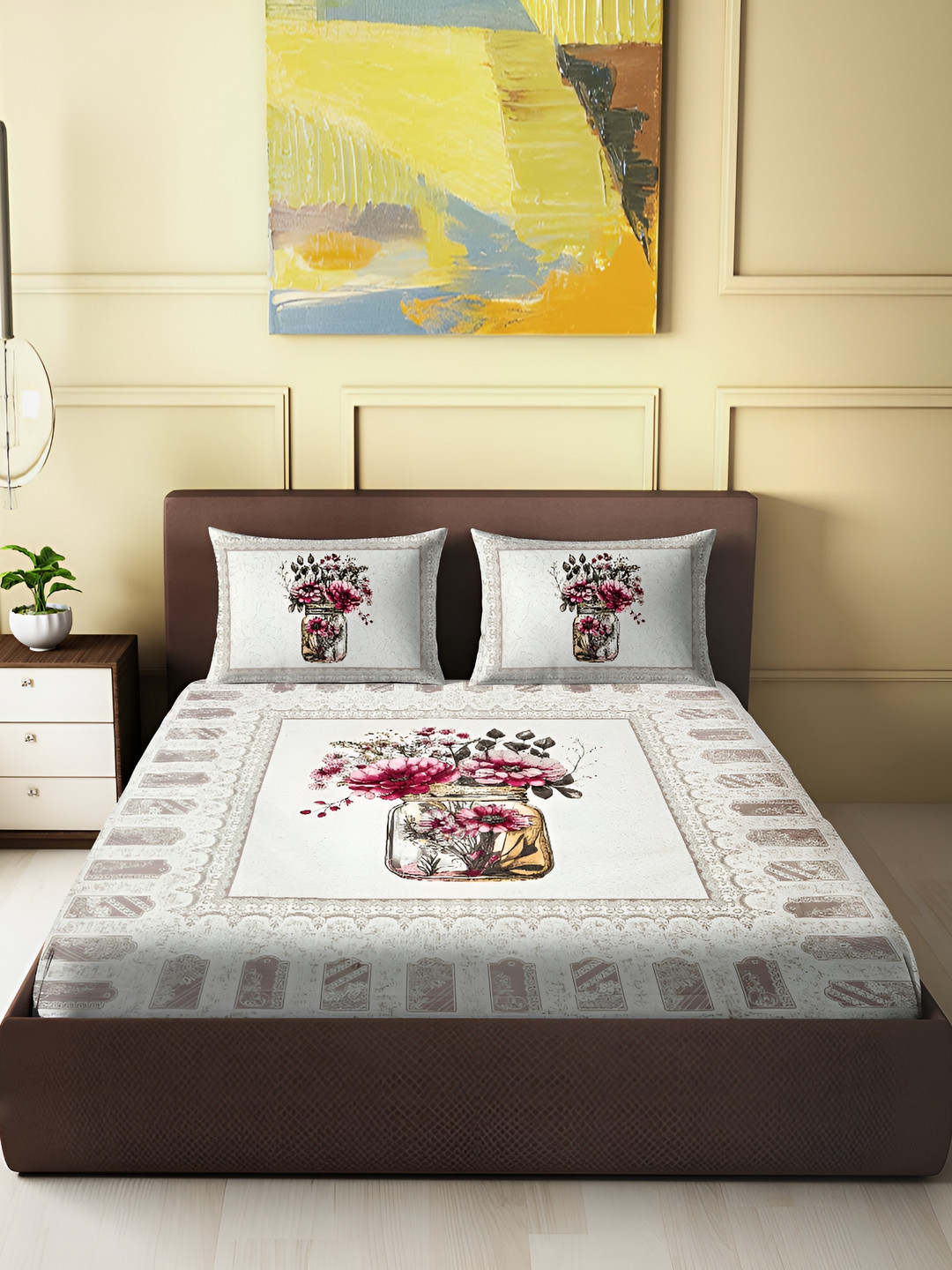 

Spangle Lavender & Off White Floral Cotton 260 TC King Bedsheet with 2 Pillow Covers