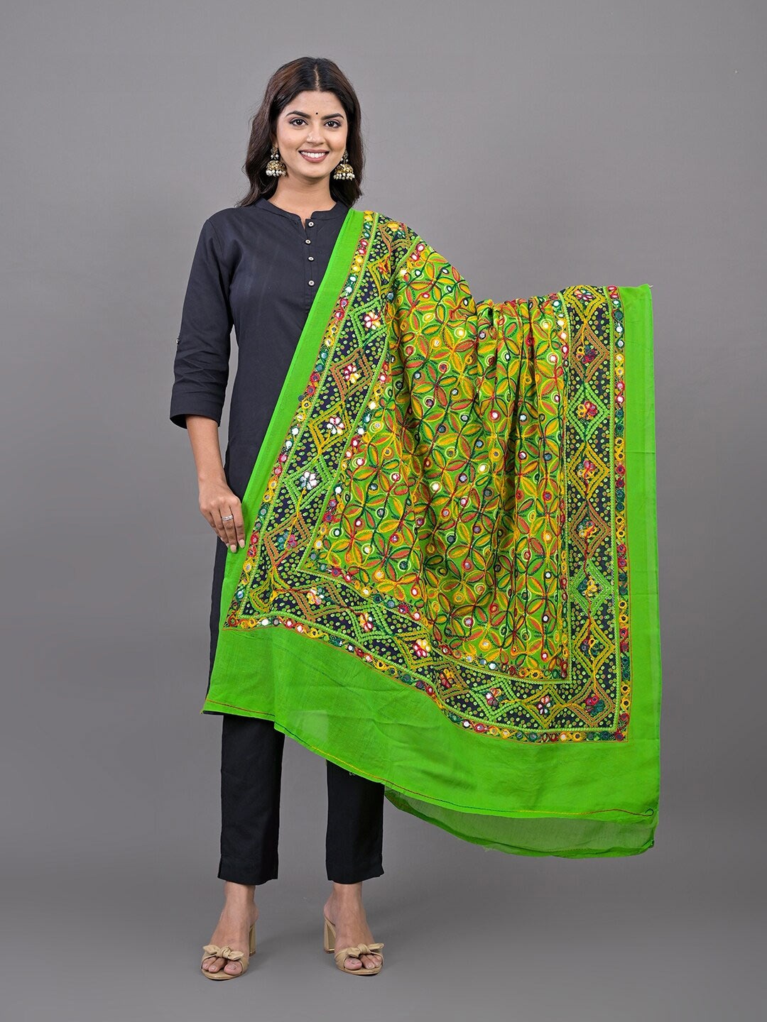 

Apratim Ethnic Motifs Kutch Embroidered Mirror Work Dupatta, Green