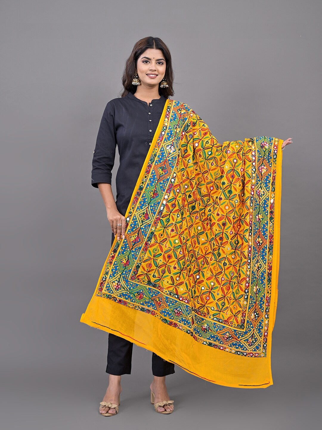 

Apratim Ethnic Motifs Kutch Embroidered Mirror Work Dupatta, Yellow