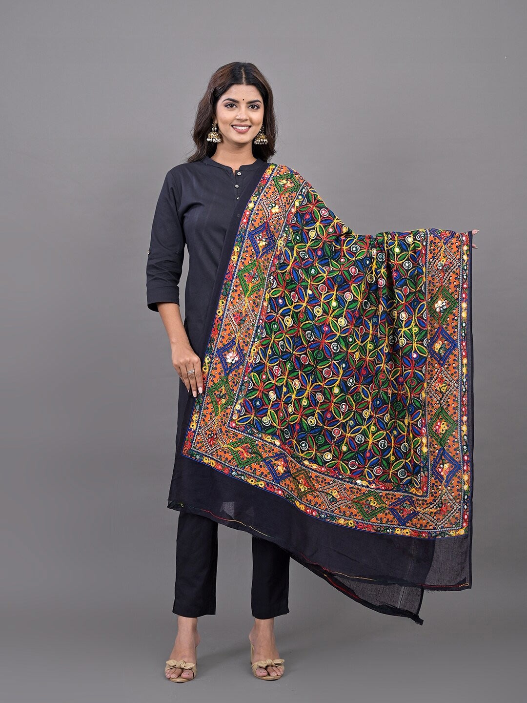 

Apratim Ethnic Motifs Kutch Embroidered Mirror Work Dupatta, Black