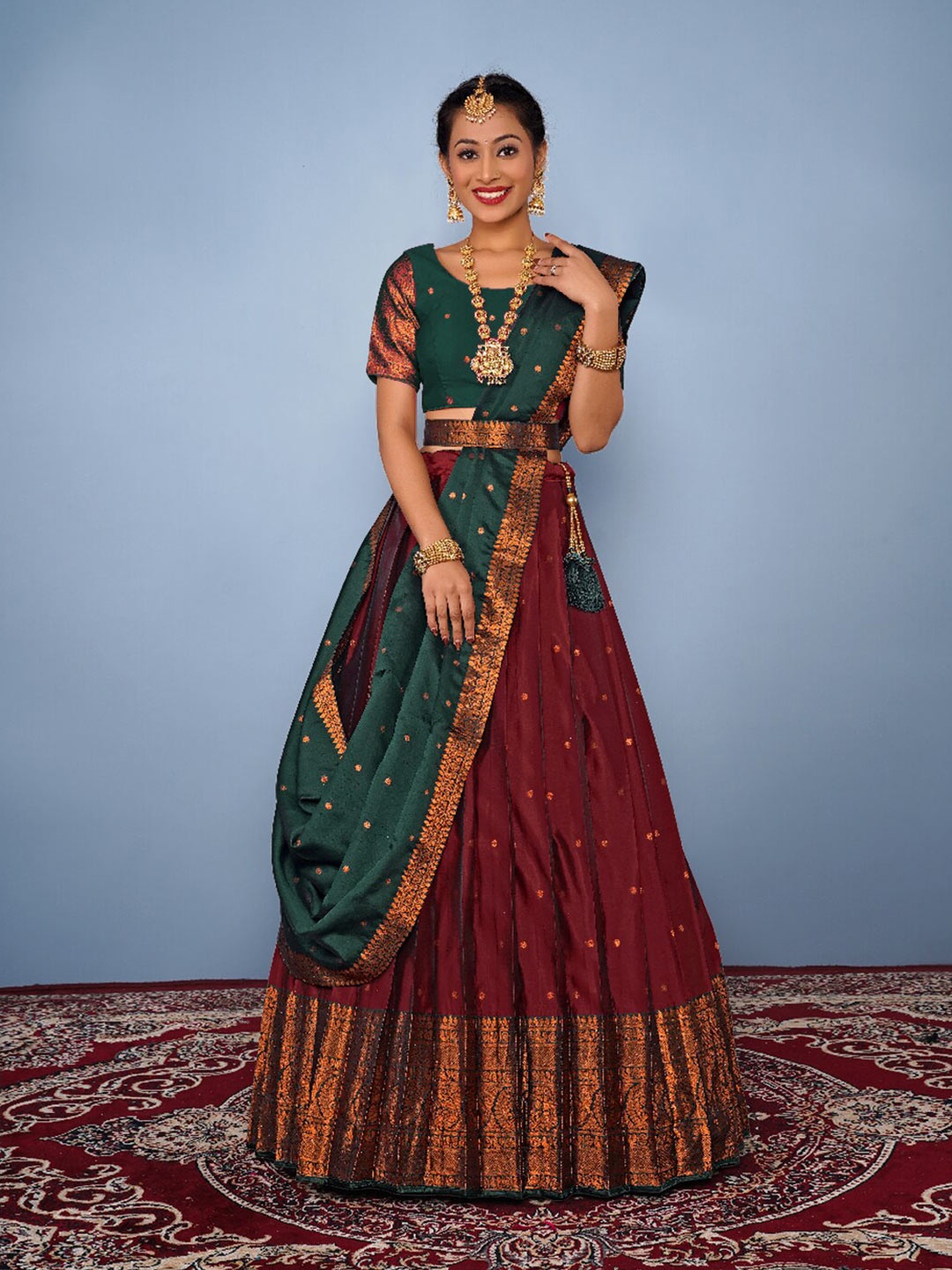

HALFSAREE STUDIO Semi-Stitched Zari Lehenga & Unstitched Blouse With Dupatta, Maroon