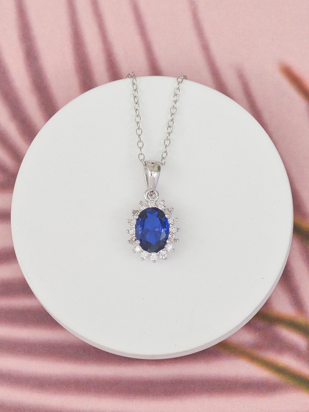 

Ornate Jewels 925 Sterling Silver Sapphire Halo Solitaire Necklace, Blue