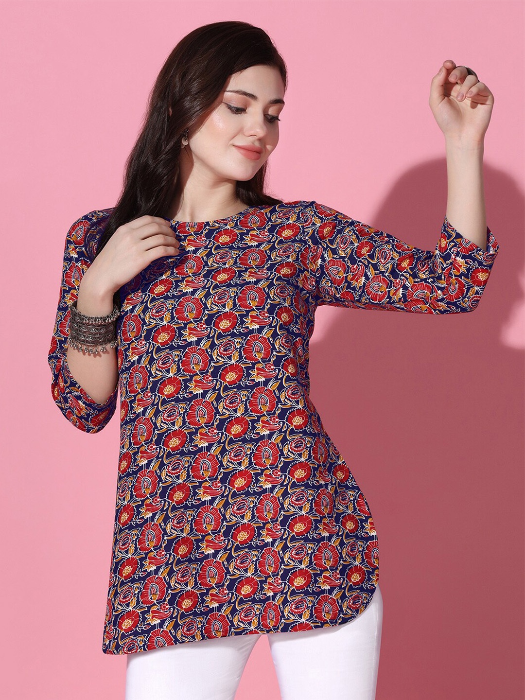 

FASHION DREAM Ethnic Motifs Printed Pure Cotton Kurti, Navy blue