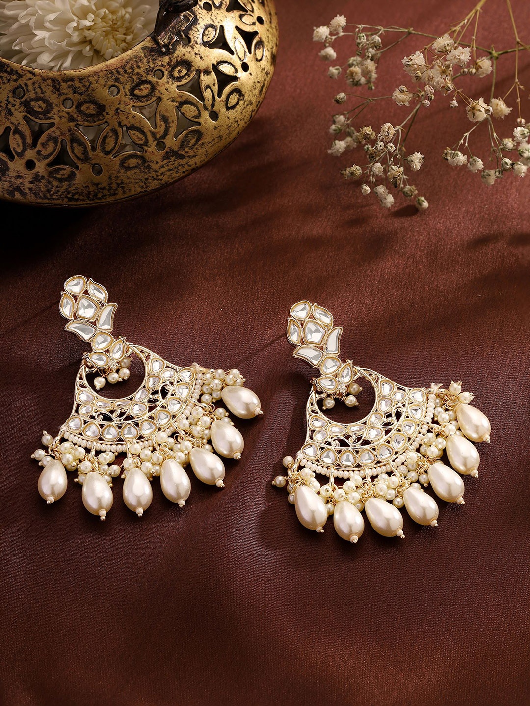 

Priyaasi Gold-Plated Crescent Shaped Kundan Chandbalis Earrings