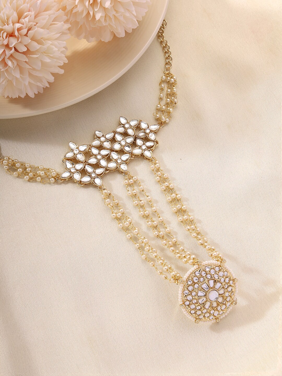 

Priyaasi Gold-Plated Kundan Hathphool Ring Bracelet, White