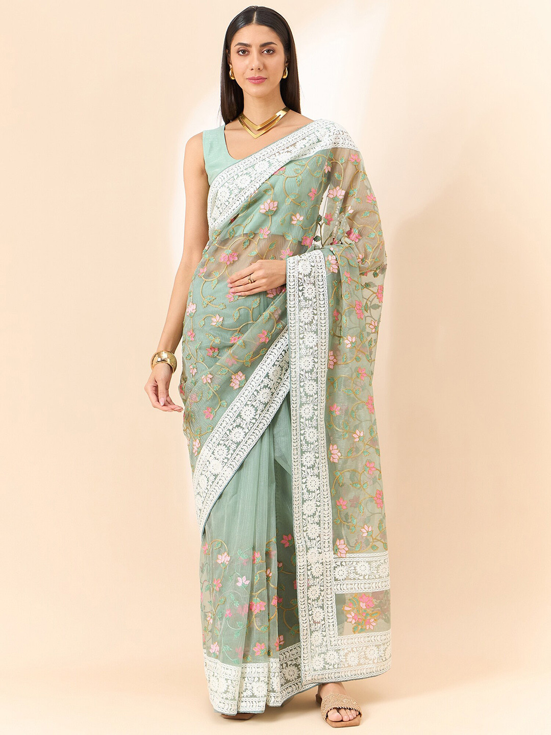 

all about you Floral Embroidered Organza Saree, Green