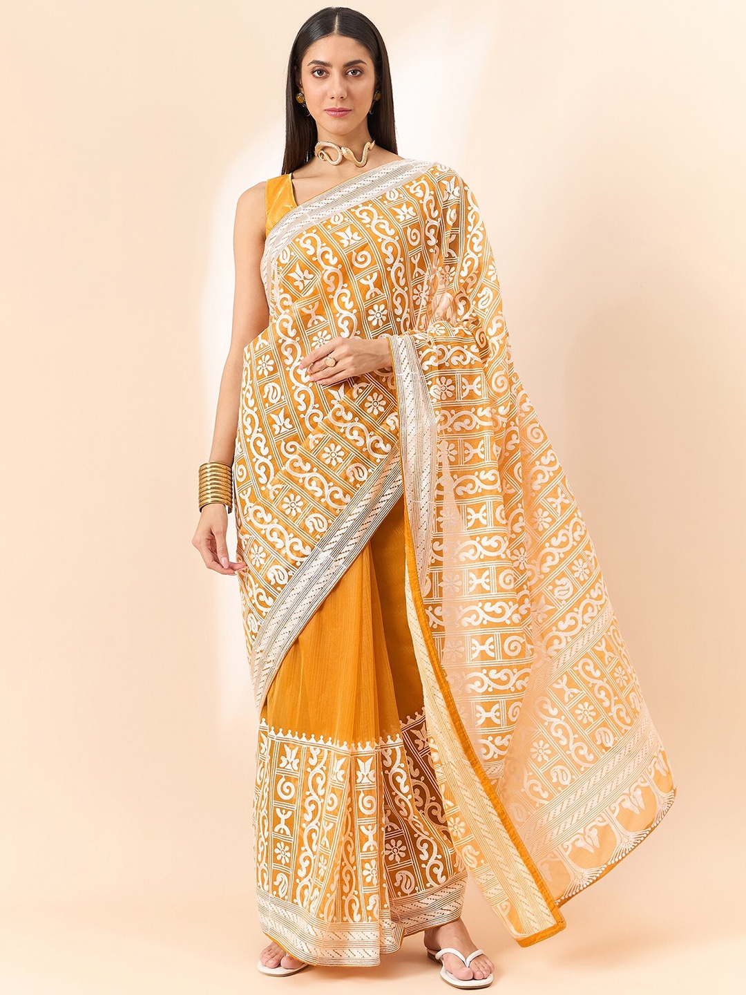 

all about you Mustard Yellow Floral Embroidered Organza Saree