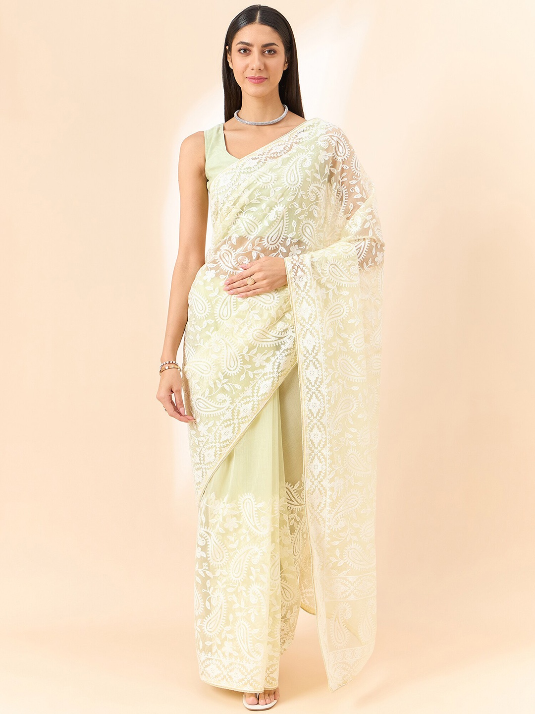 

all about you Paisley Embroidered Organza Saree, Yellow