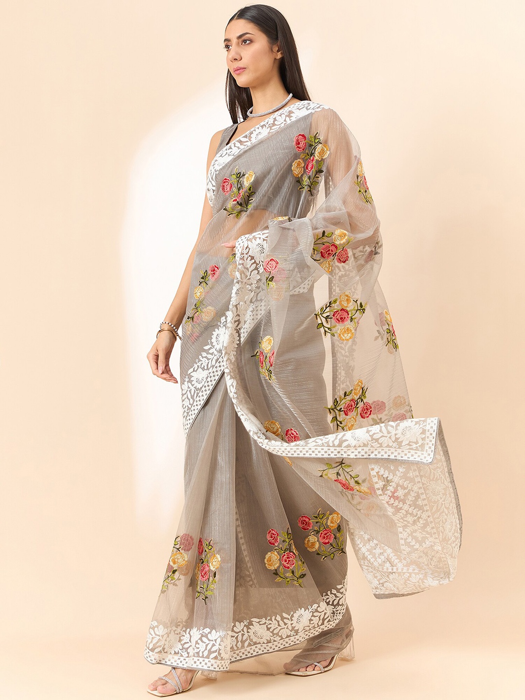 

all about you Grey Floral Embroidered Organza Saree