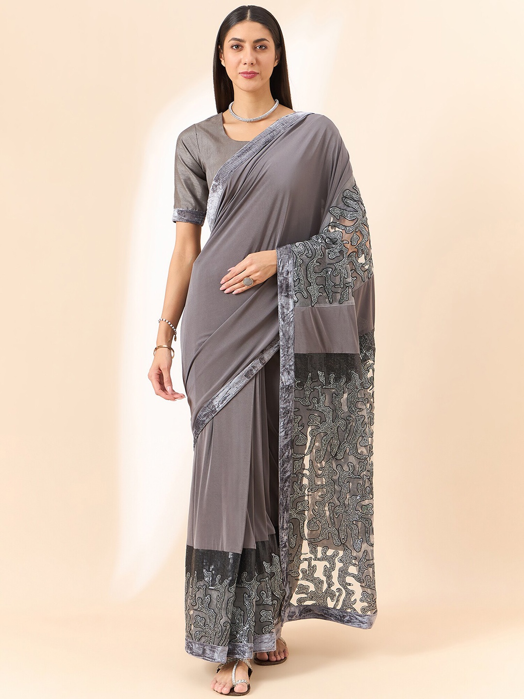 

all about you Grey Embellished Sequinned Saree