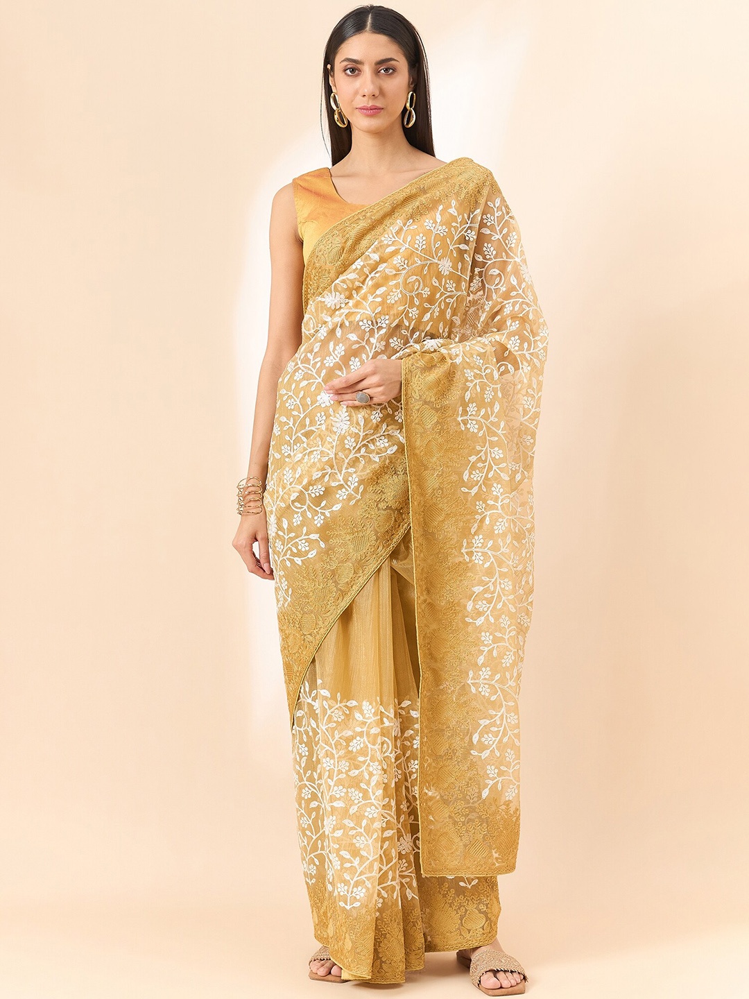 

all about you Beige Floral Embroidered Organza Saree