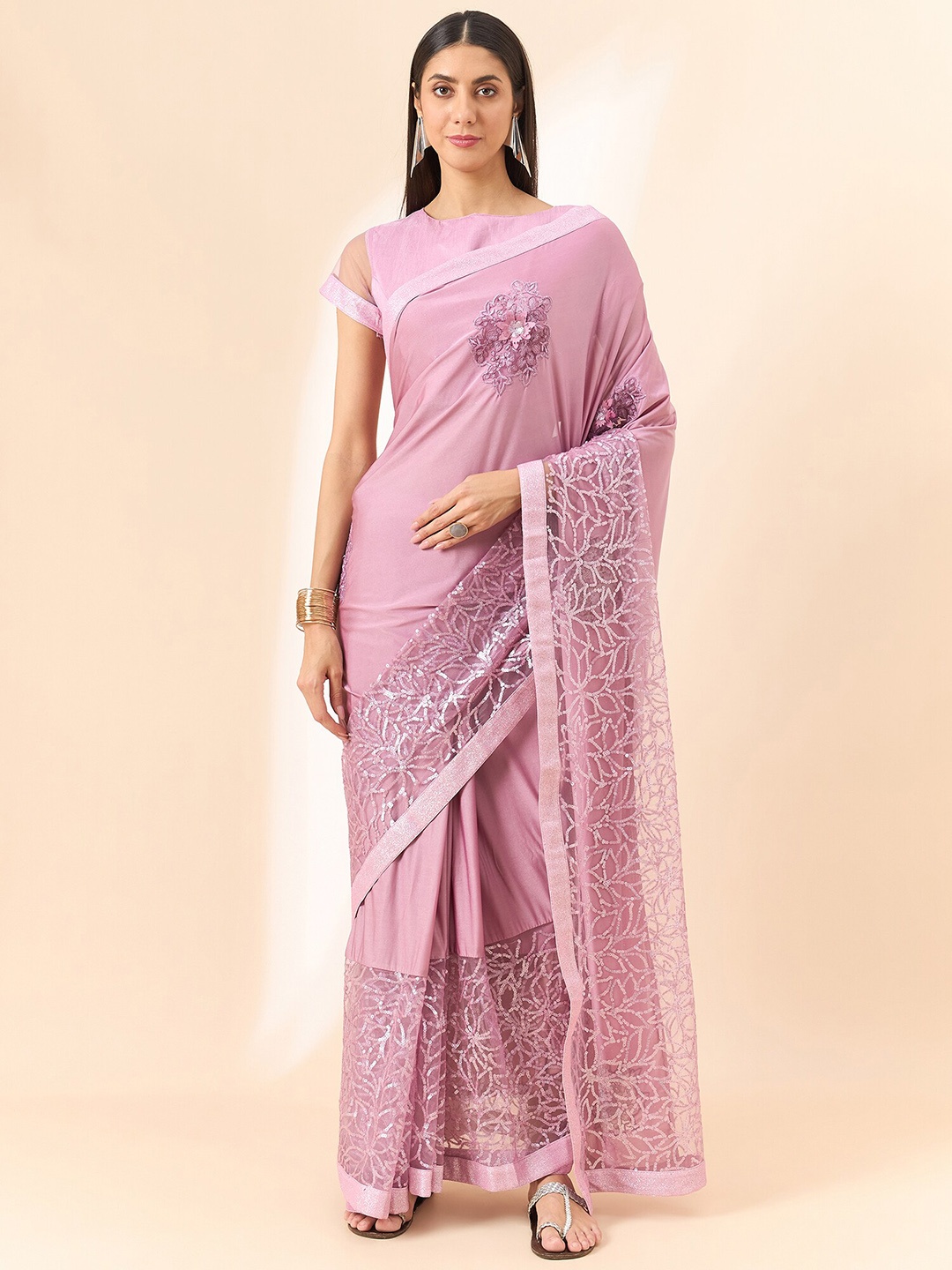 

all about you Pink Embellished Sequinned Saree