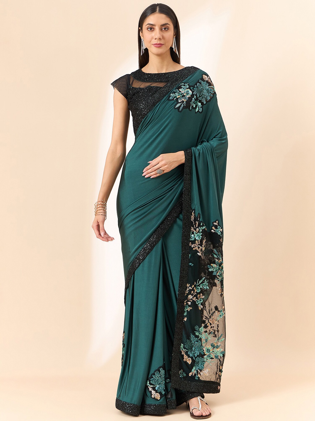 

all about you Teal Green Floral Embellished Sequinned Saree