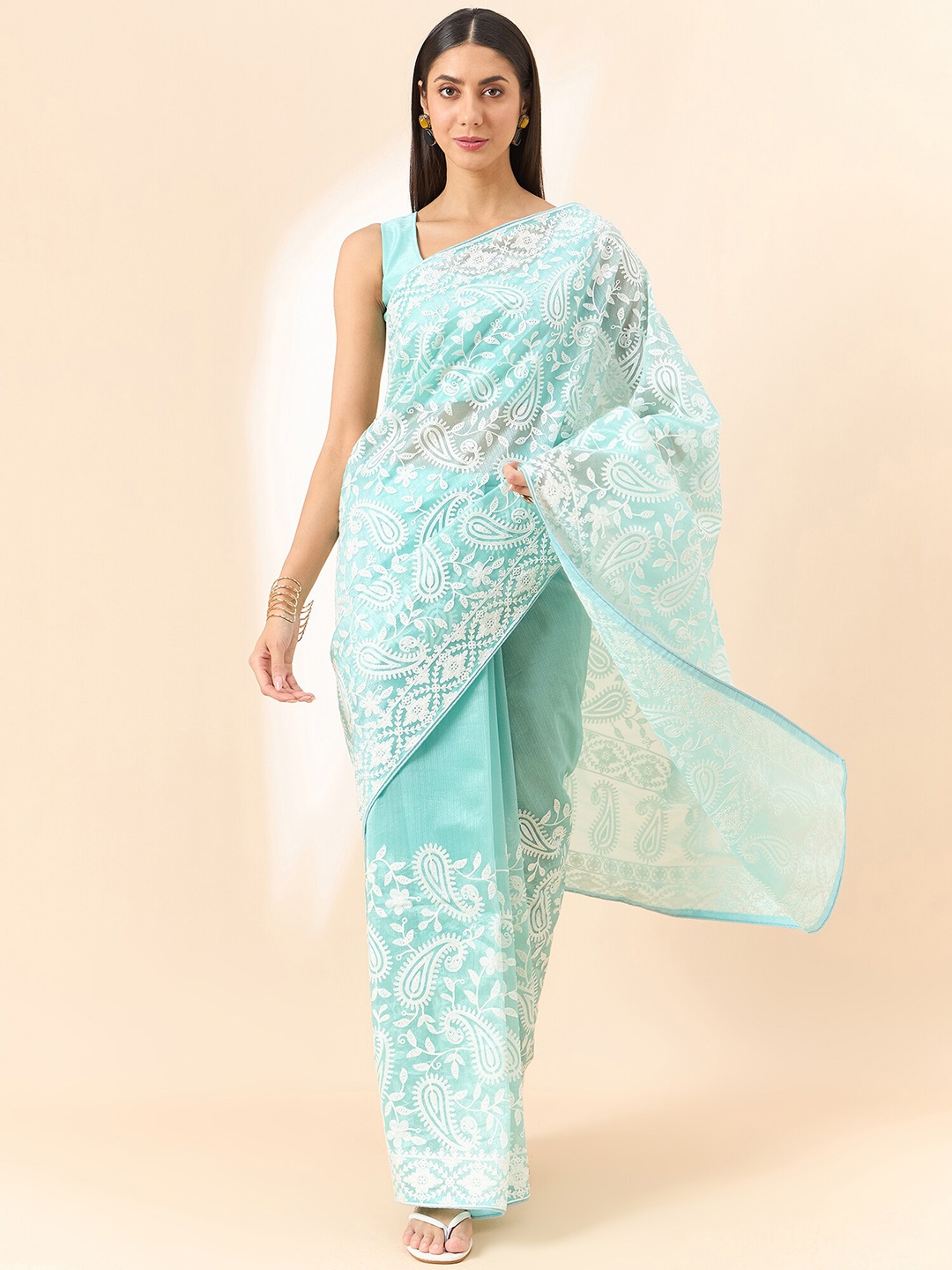 

all about you Blue Paisley Embroidered Organza Saree
