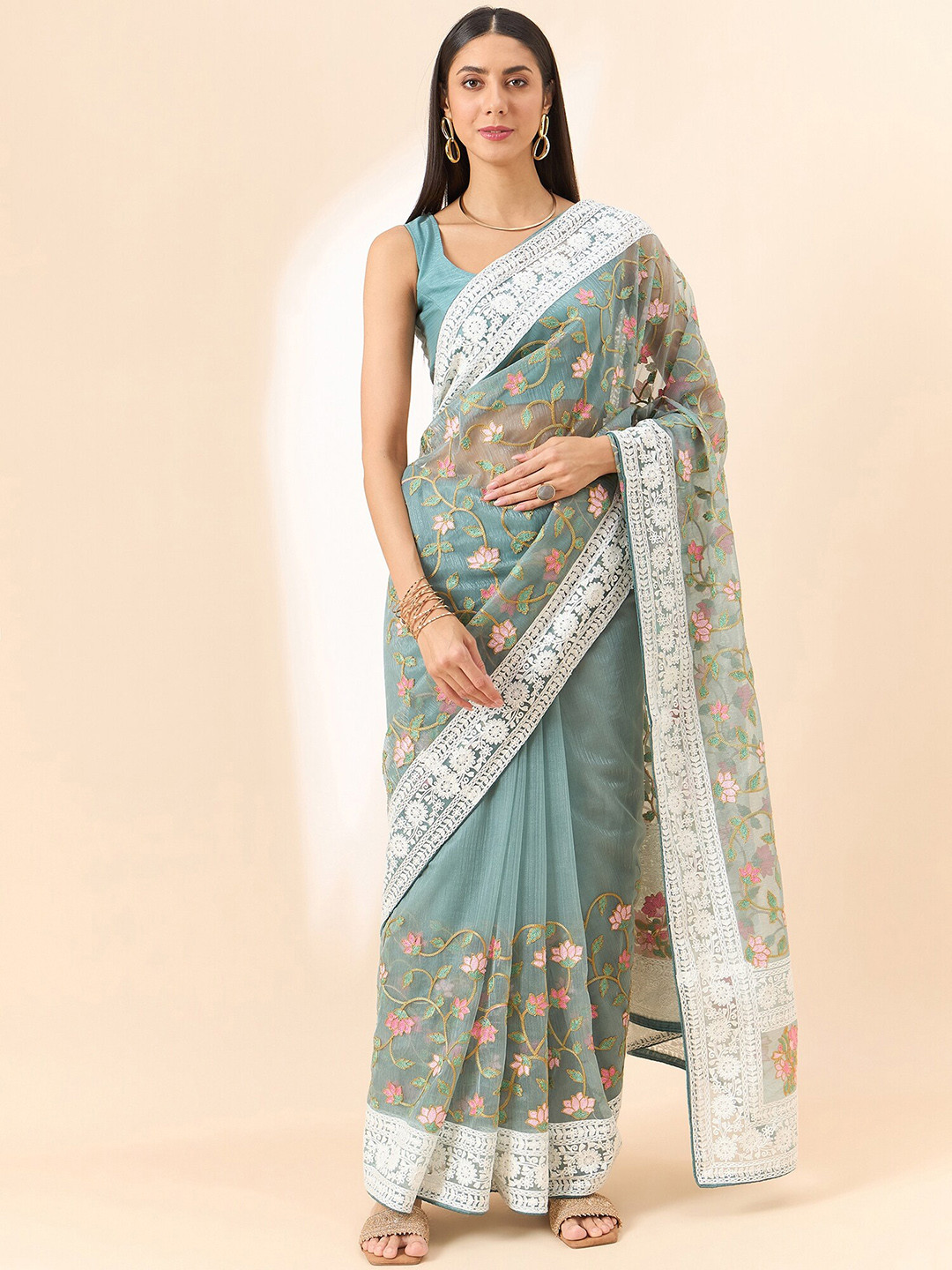 

all about you Blue Floral Embroidered Organza Saree