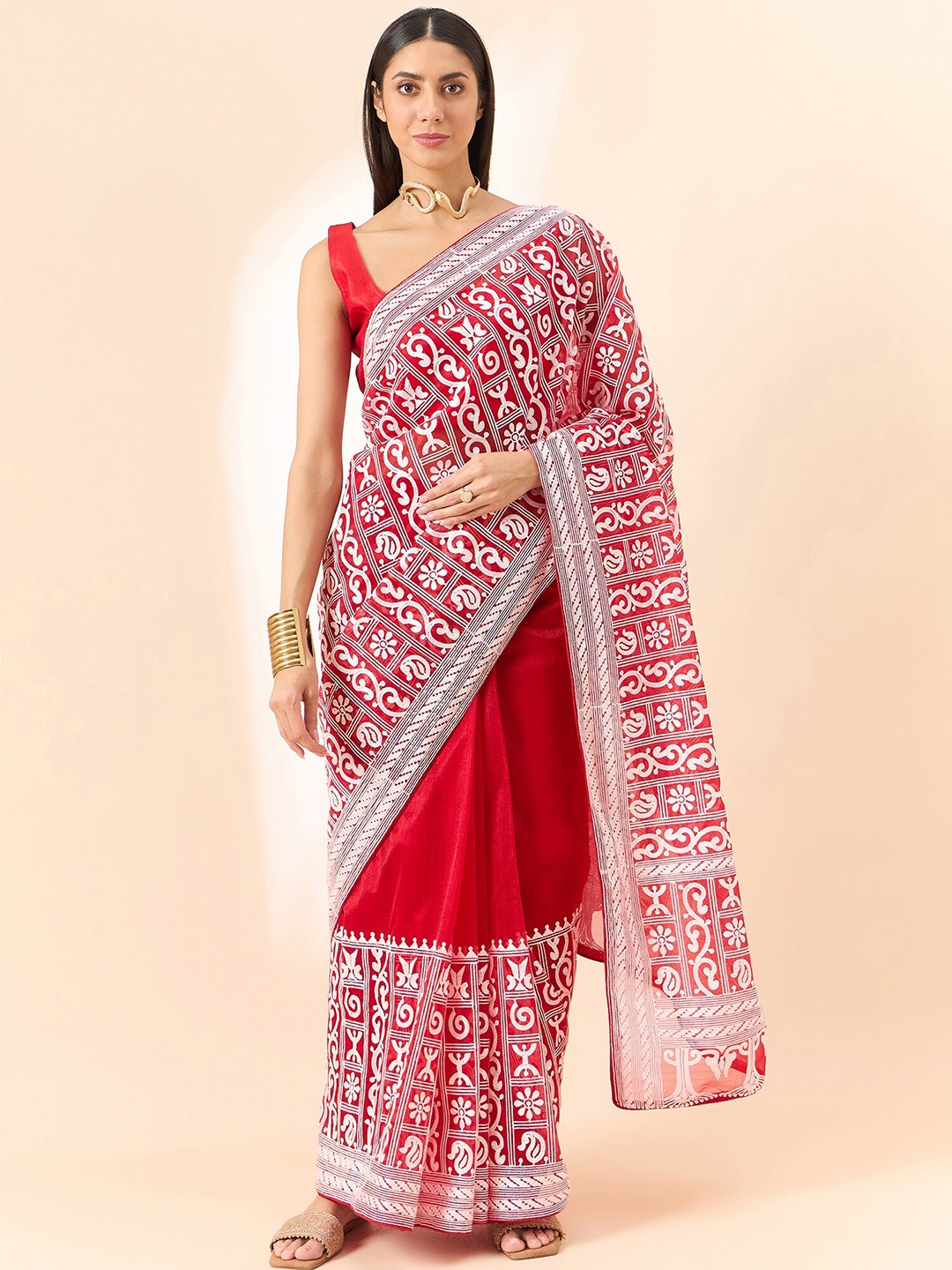 

all about you Red Floral Embroidered Organza Saree