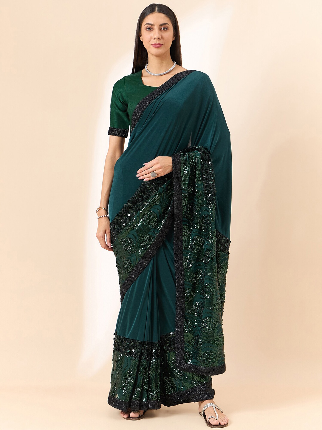 

all about you Green Embellished Sequinned Saree